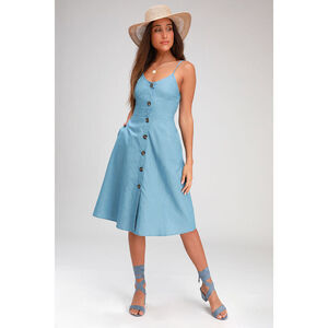 Lulus Day At The Park Light Blue Chambray Button-front Midi Dress - Size M
